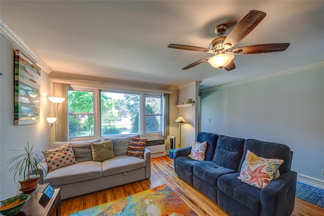 1600 Grand Ave Unit T2, Baldwin, NY 11510 - living room with wood finished floors, crown molding, and a ceiling fan