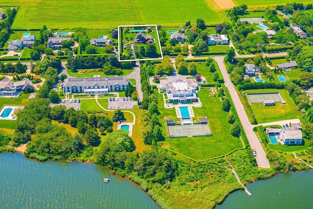 drone / aerial view featuring a water view