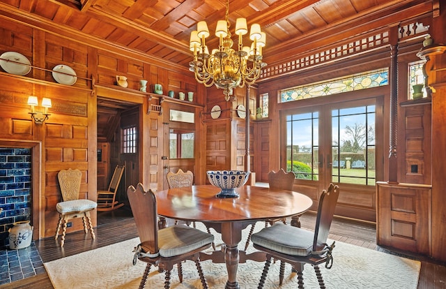 dining space with french doors, wood walls, wooden ceiling, and a chandelier