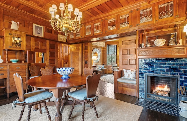dining space with wood ceiling, wood walls, and hardwood / wood-style flooring