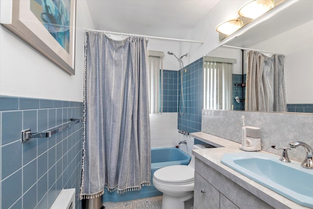 146-38 26th Ave, Flushing, NY 11354 - full bath with tile walls, shower / tub combo with curtain, vanity, and tile patterned floors