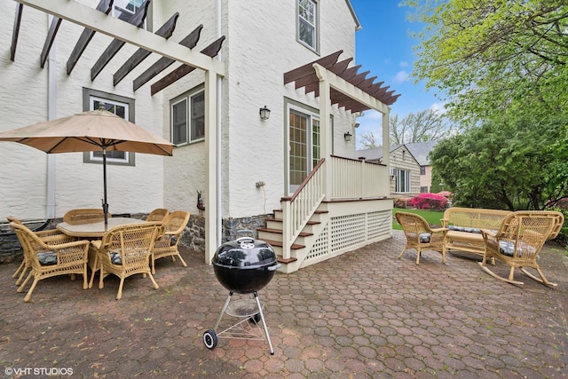 42 Hillcrest Ave, Larchmont, NY 10538 - view of patio / terrace featuring a pergola, outdoor dining space, area for grilling, and stairway