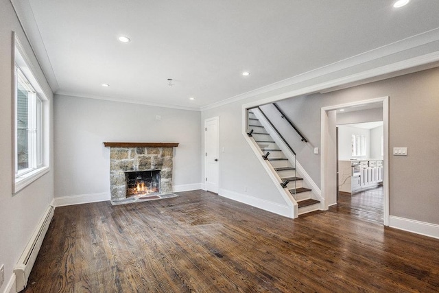 37 Soundview Rd, Huntington, NY 11743 - unfurnished living room with a baseboard radiator, crown molding, wood finished floors, stairway, and baseboards