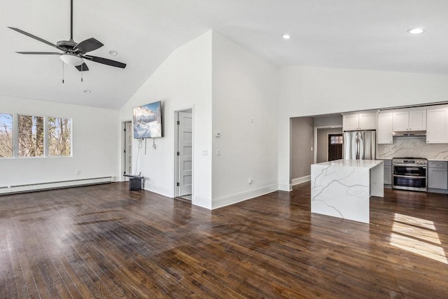 37 Soundview Rd, Huntington, NY 11743 - unfurnished living room featuring a baseboard heating unit, high vaulted ceiling, ceiling fan, dark wood-style flooring, and recessed lighting