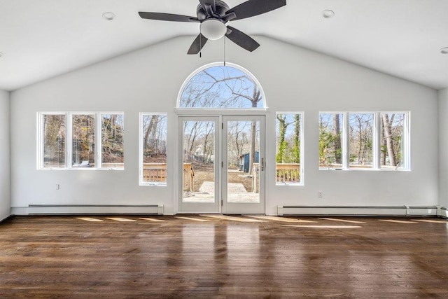 37 Soundview Rd, Huntington, NY 11743 - empty room with a baseboard radiator, wood finished floors, a ceiling fan, and high vaulted ceiling