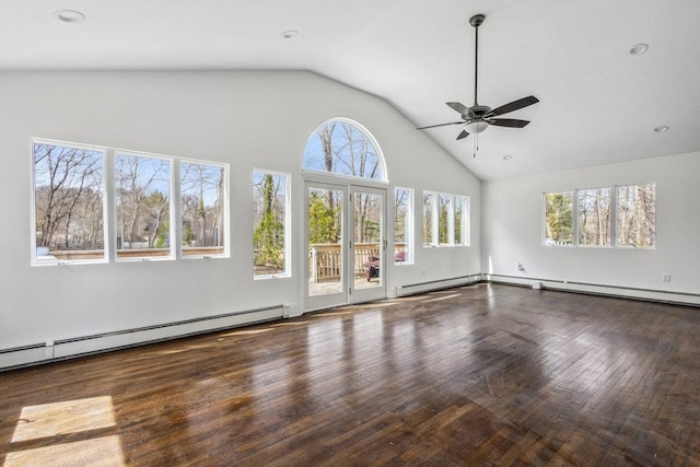 37 Soundview Rd, Huntington, NY 11743 - unfurnished living room with a ceiling fan, plenty of natural light, high vaulted ceiling, wood finished floors, and baseboard heating