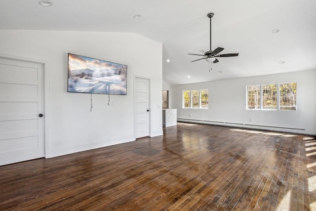 37 Soundview Rd, Huntington, NY 11743 - unfurnished living room with lofted ceiling, a baseboard radiator, a ceiling fan, wood finished floors, and baseboards