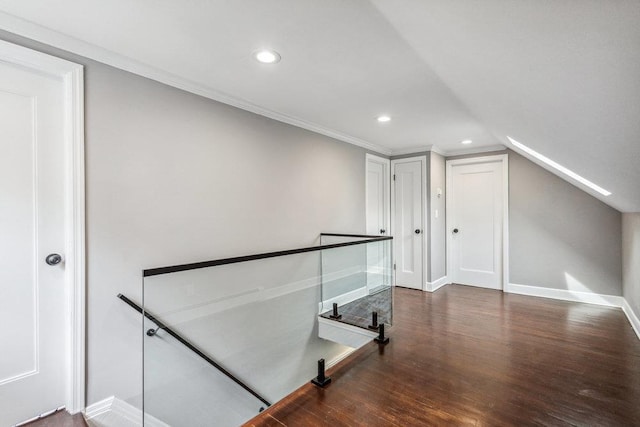 37 Soundview Rd, Huntington, NY 11743 - hallway featuring an upstairs landing, dark wood-style flooring, recessed lighting, baseboards, and ornamental molding