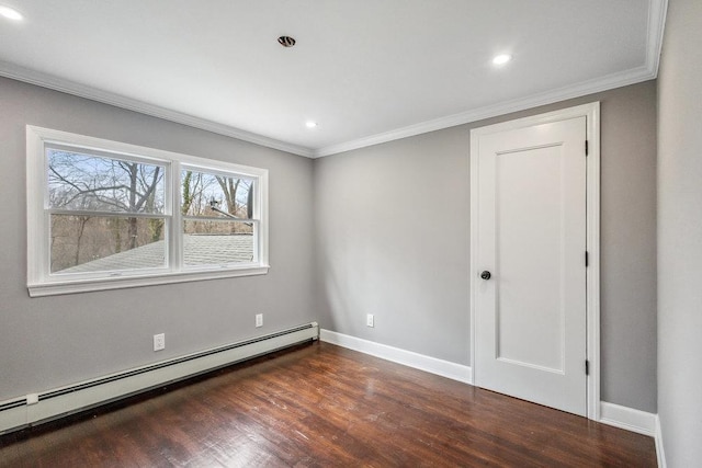 37 Soundview Rd, Huntington, NY 11743 - empty room featuring a baseboard heating unit, wood finished floors, crown molding, baseboards, and recessed lighting