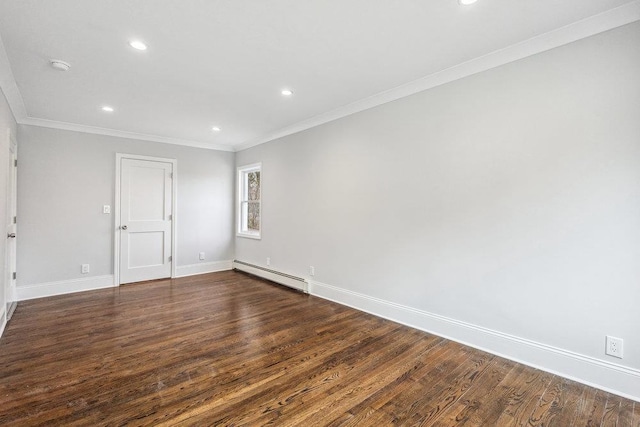 37 Soundview Rd, Huntington, NY 11743 - unfurnished room with baseboard heating, baseboards, dark wood-type flooring, recessed lighting, and ornamental molding