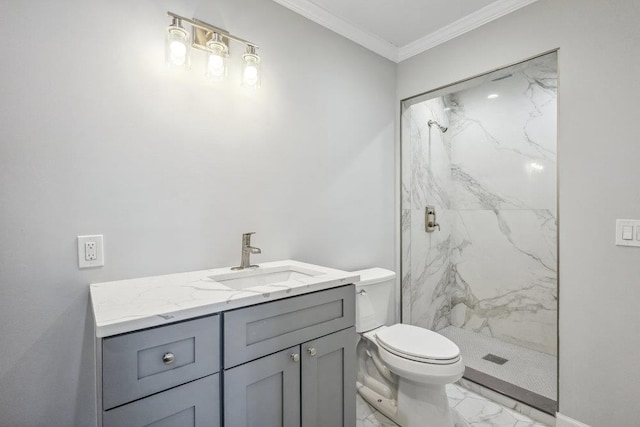 37 Soundview Rd, Huntington, NY 11743 - bathroom with marble look tile flooring, a marble finish shower, vanity, toilet, and ornamental molding