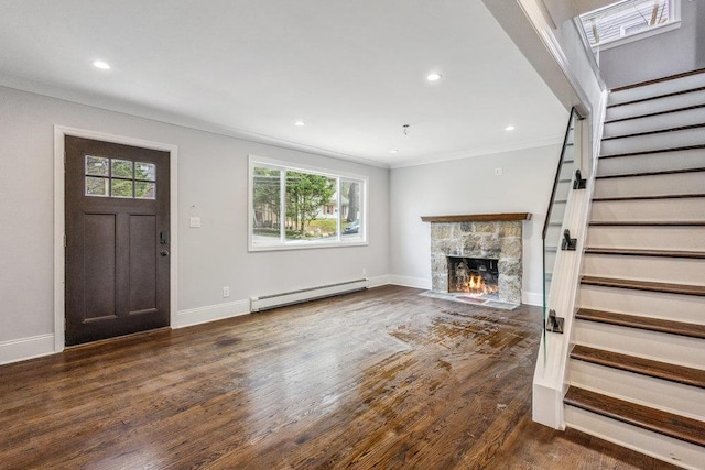 37 Soundview Rd, Huntington, NY 11743 - foyer entrance featuring a baseboard radiator, stairway, crown molding, wood finished floors, and recessed lighting