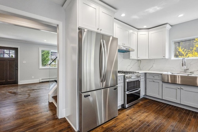37 Soundview Rd, Huntington, NY 11743 - kitchen with appliances with stainless steel finishes, dark wood-style floors, backsplash, under cabinet range hood, and recessed lighting