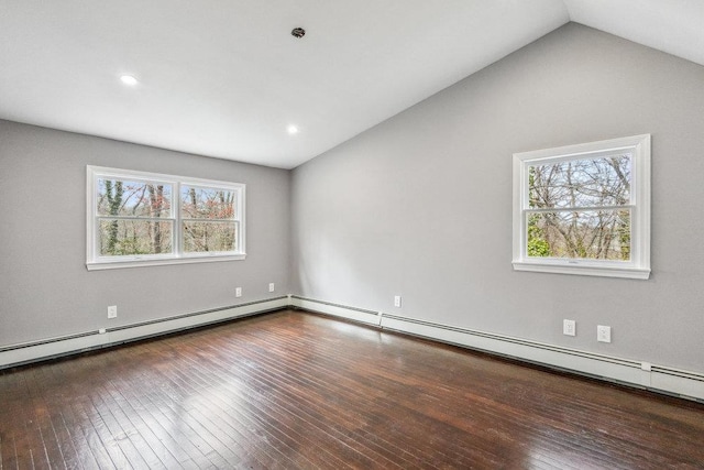 37 Soundview Rd, Huntington, NY 11743 - empty room with lofted ceiling, wood-type flooring, a baseboard radiator, and recessed lighting
