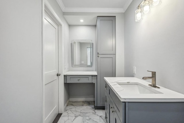 37 Soundview Rd, Huntington, NY 11743 - bathroom with marble finish floors, ornamental molding, and vanity