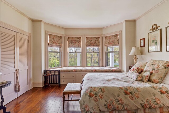 35 S Penataquit Ave, Bay Shore, NY 11706 - bedroom featuring multiple windows, dark wood-type flooring, and ornamental molding
