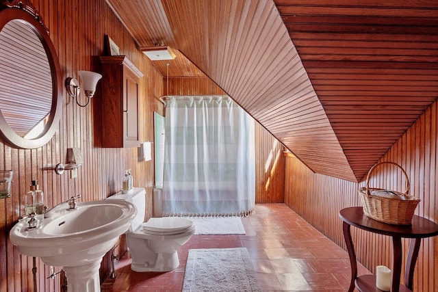 35 S Penataquit Ave, Bay Shore, NY 11706 - half bath with wood walls, toilet, wooden ceiling, and vaulted ceiling