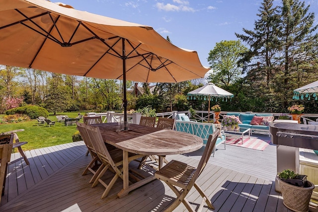 35 S Penataquit Ave, Bay Shore, NY 11706 - wooden deck with outdoor dining space, an outdoor hangout area, and a lawn