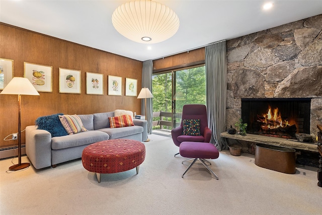 280 Salem Rd, Pound Ridge, NY 10576 - living room with carpet, a fireplace, wooden walls, and a baseboard heating unit