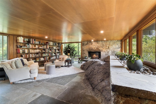 280 Salem Rd, Pound Ridge, NY 10576 - living room featuring wooden ceiling and a stone fireplace