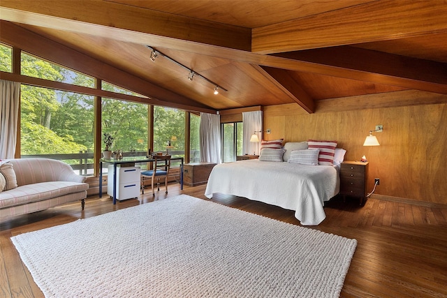 280 Salem Rd, Pound Ridge, NY 10576 - bedroom featuring multiple windows, wooden ceiling, track lighting, hardwood / wood-style flooring, and wooden walls