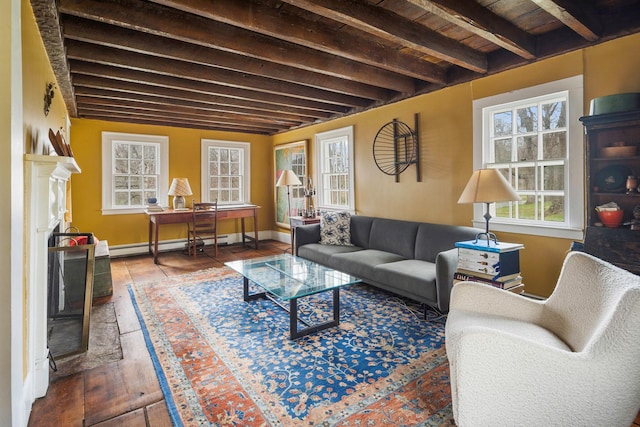 living room with hardwood / wood-style floors, baseboards, wooden ceiling, beamed ceiling, and a baseboard heating unit