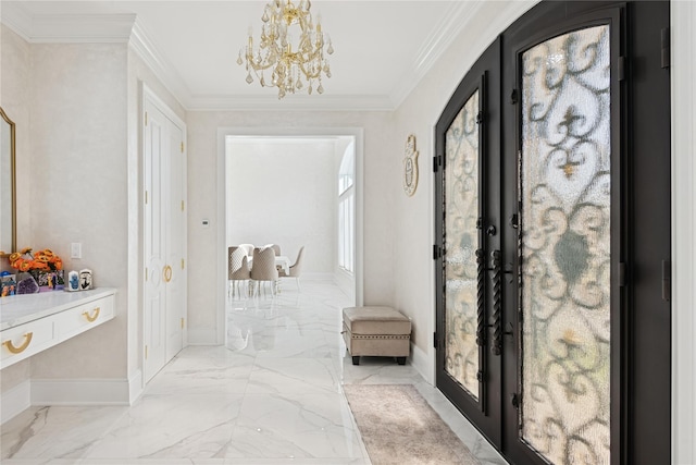 783 Oakleigh Rd, North Woodmere, NY 11581 - foyer entrance with a chandelier, baseboards, ornamental molding, french doors, and marble finish floor