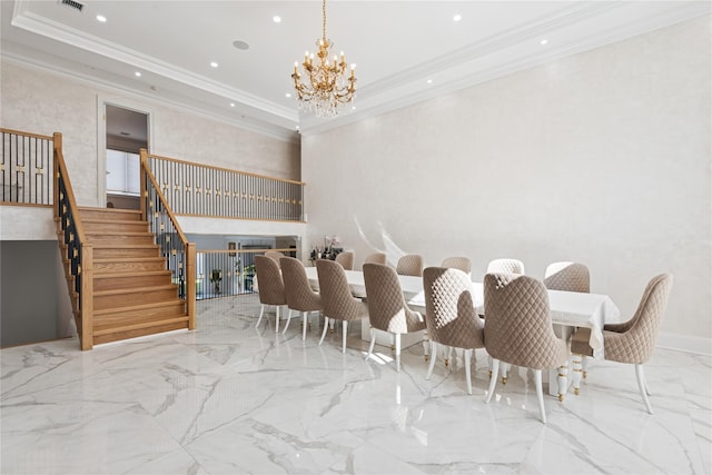 783 Oakleigh Rd, North Woodmere, NY 11581 - dining space featuring visible vents, a chandelier, marble finish floor, stairway, and crown molding