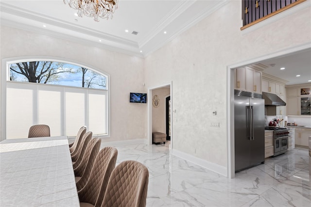 783 Oakleigh Rd, North Woodmere, NY 11581 - living room with an inviting chandelier, marble finish floor, ornamental molding, baseboards, and a towering ceiling