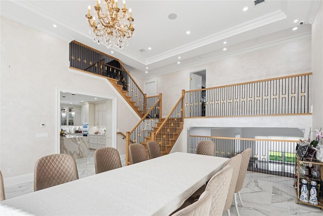 783 Oakleigh Rd, North Woodmere, NY 11581 - dining area with recessed lighting, a high ceiling, marble finish floor, ornamental molding, and a notable chandelier