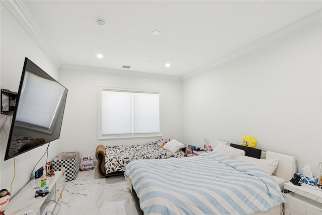 783 Oakleigh Rd, North Woodmere, NY 11581 - bedroom featuring visible vents, recessed lighting, ornamental molding, and marble finish floor