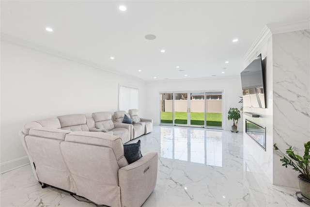 783 Oakleigh Rd, North Woodmere, NY 11581 - living area featuring marble finish floor, a high end fireplace, crown molding, and recessed lighting
