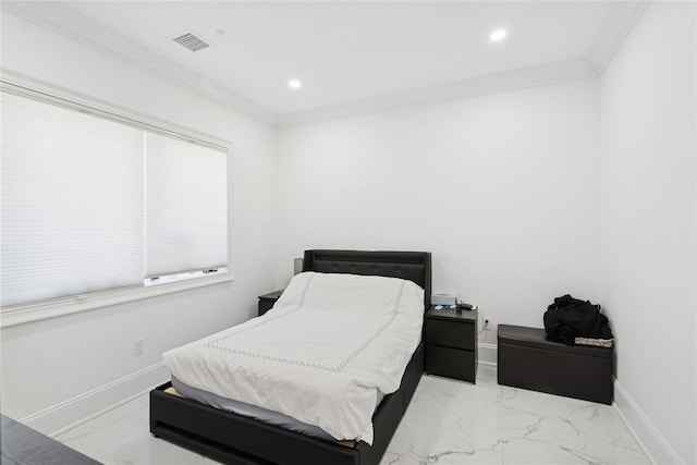 783 Oakleigh Rd, North Woodmere, NY 11581 - bedroom with marble finish floor, baseboards, ornamental molding, and visible vents