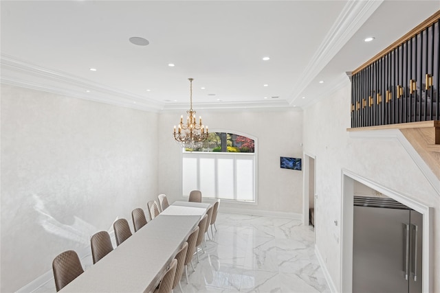 783 Oakleigh Rd, North Woodmere, NY 11581 - dining space with a chandelier, baseboards, recessed lighting, ornamental molding, and marble finish floor