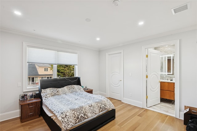 783 Oakleigh Rd, North Woodmere, NY 11581 - bedroom with baseboards, light wood-style flooring, visible vents, and ornamental molding