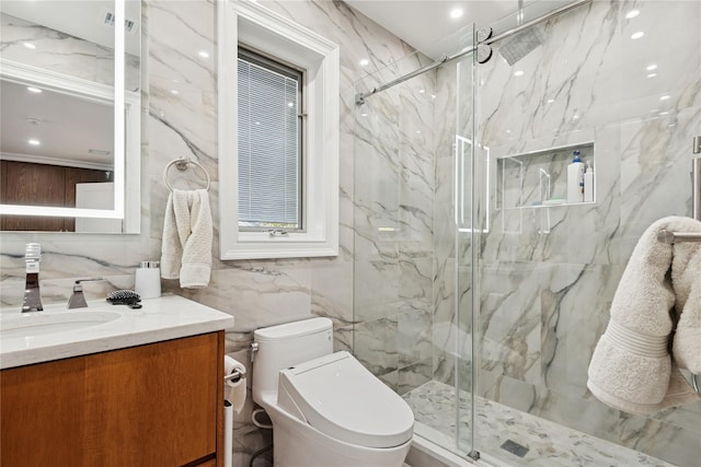 783 Oakleigh Rd, North Woodmere, NY 11581 - bathroom featuring a marble finish shower, tasteful backsplash, tile walls, toilet, and vanity