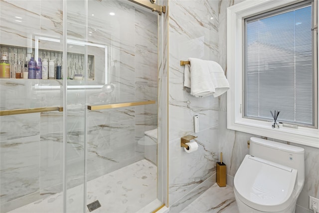 783 Oakleigh Rd, North Woodmere, NY 11581 - bathroom featuring tile walls, toilet, and a marble finish shower