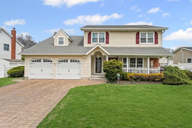 traditional home featuring covered porch, a shingled roof, decorative driveway, a garage, and a front yard