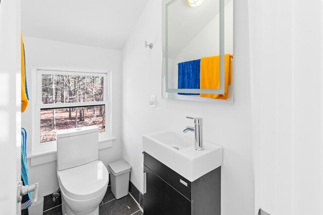 4 Evelyn Ct, Westhampton, NY 11978 - bathroom with vanity, toilet, tile patterned flooring, and lofted ceiling