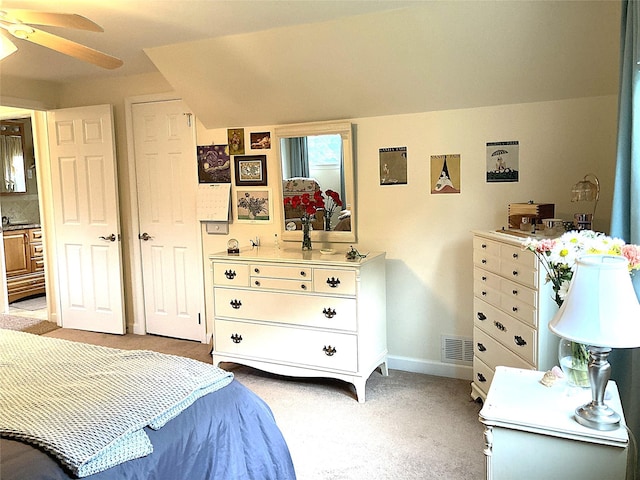 43 Glenwood Rd, New City, NY 10956 - bedroom with light carpet, baseboards, a ceiling fan, and vaulted ceiling