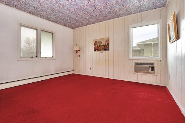 9 Ensign Dr, Massapequa, NY 11758 - unfurnished room with wood walls, a wall unit AC, an ornate ceiling, carpet floors, and a baseboard radiator