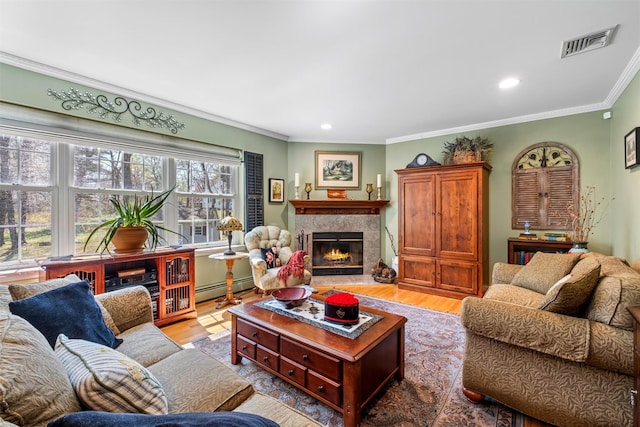 living area featuring visible vents, baseboard heating, light wood-type flooring, ornamental molding, and a fireplace