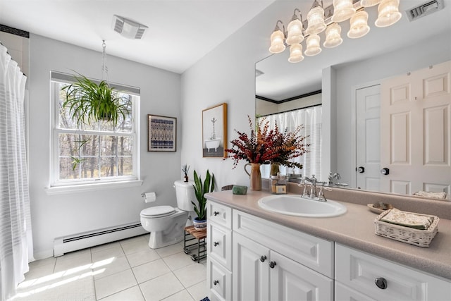 bathroom featuring tile patterned floors, visible vents, a baseboard heating unit, and toilet