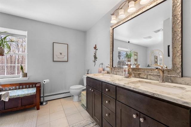 bathroom featuring visible vents, a sink, toilet, and a baseboard radiator