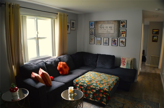 living area featuring wood finished floors and visible vents