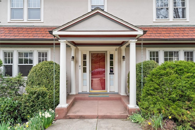 doorway to property featuring stucco siding