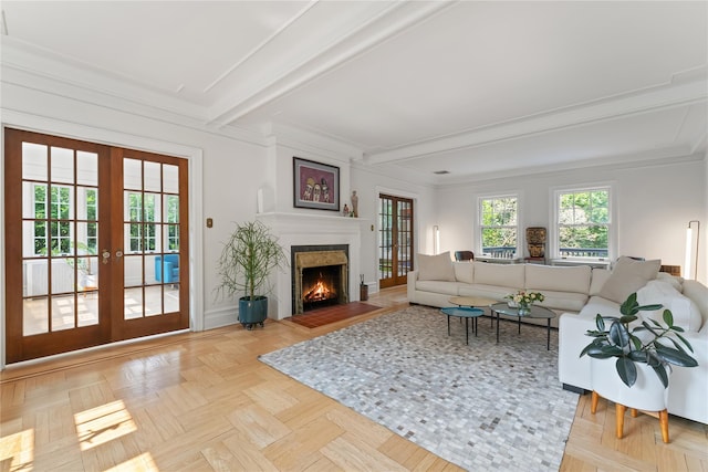 41 Euclid Ave, Hastings-On-Hudson, NY 10706 - living room with french doors, beam ceiling, a warm lit fireplace, and ornamental molding