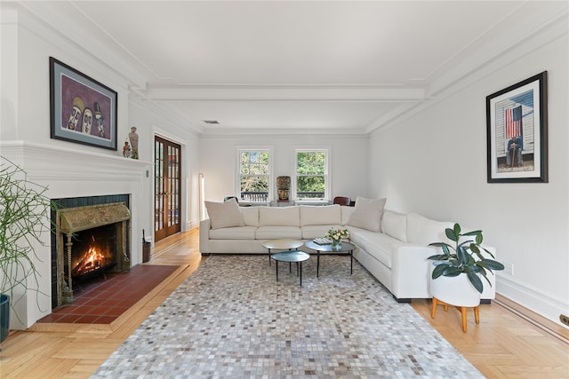 41 Euclid Ave, Hastings-On-Hudson, NY 10706 - living area featuring a fireplace with flush hearth, beamed ceiling, crown molding, and baseboards