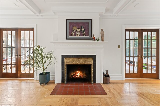 41 Euclid Ave, Hastings-On-Hudson, NY 10706 - unfurnished living room featuring french doors, beam ceiling, a fireplace with flush hearth, plenty of natural light, and baseboards