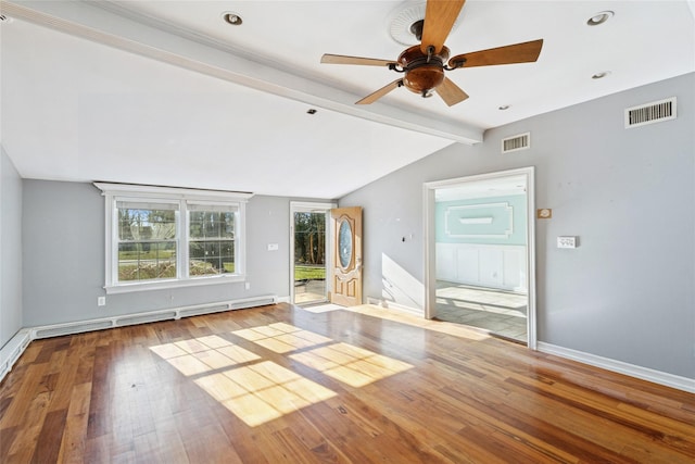 unfurnished living room with visible vents, ceiling fan, vaulted ceiling with beams, and wood finished floors
